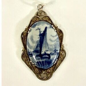 Vintage Delft Blue Sailboat Porcelain Pendant Filigree Silver Frame Unmarked